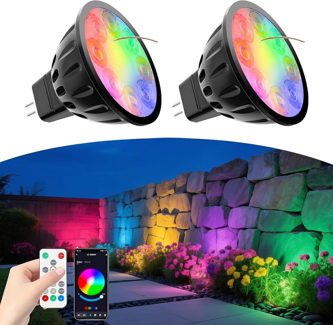 Upgraded Bluetooth MR16 RGBW Smart Bulb, 12V RGB MR16 LED Bulb Color Changing, CCT Tunable 2700K to 6500K, Dimmable with Remote and App Control for Outdoor Low Voltage Landscape Lights 2PCS