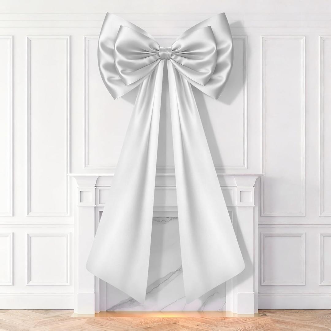 Giant Bow Christmas Decorations, Double-layer Satin Bows for Coquette Room Decor, Christmas Tree Topper Bow for Home Wreath Wall Backdrop Birthday Wedding Party Decor (White Bow, 24 x 36 Inches)