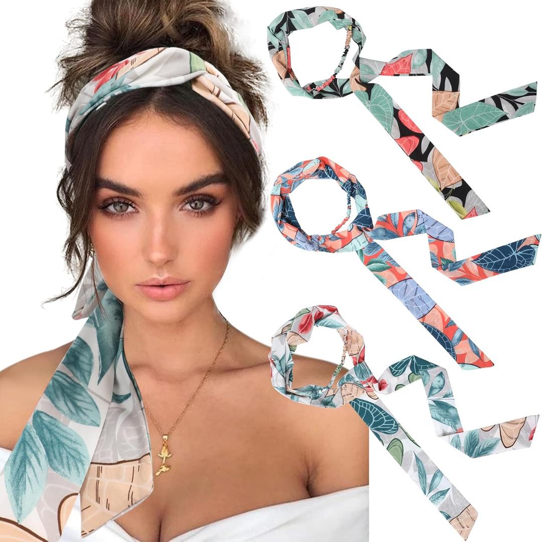 AWAYTR Women's Long Head Wraps - 3PCS Chiffon Criss Cross Headbands for Long Thick Hair (Flowering leaves, Red, White, Black) AWAYTR Women's Long Head Wraps - 3PCS Chiffon Criss Cross Headbands for Long Thick Hair (Flowering leaves, Red, White, Black)
