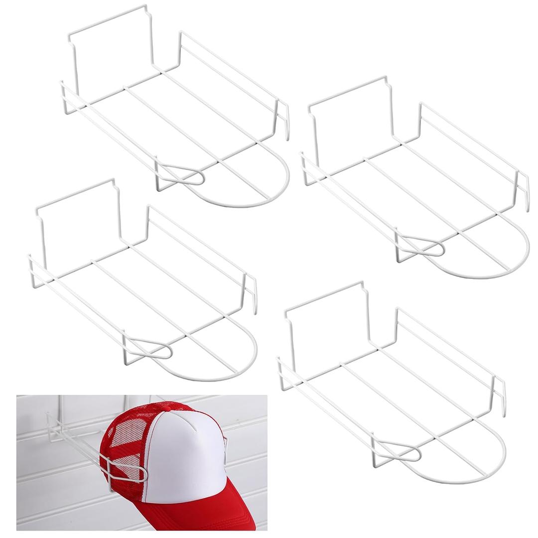 Yexiya 4 Pcs Wire Hat Display for Slatwall Baseball Hat Rack Retail Display Shelves Organizer for Merchandise Wall Door Closet Office Bedroom Store Slatwall Accessories, White
