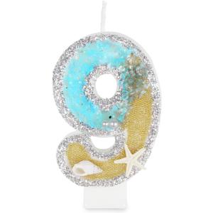 Birthday Candles Number 9 Candle, Handmade Numeral Candle Cake Topper, Perfect for Mermaid Theme Baby Shark Theme Finding Nemo Theme Birthday Party Favors Decorations (Blue White)