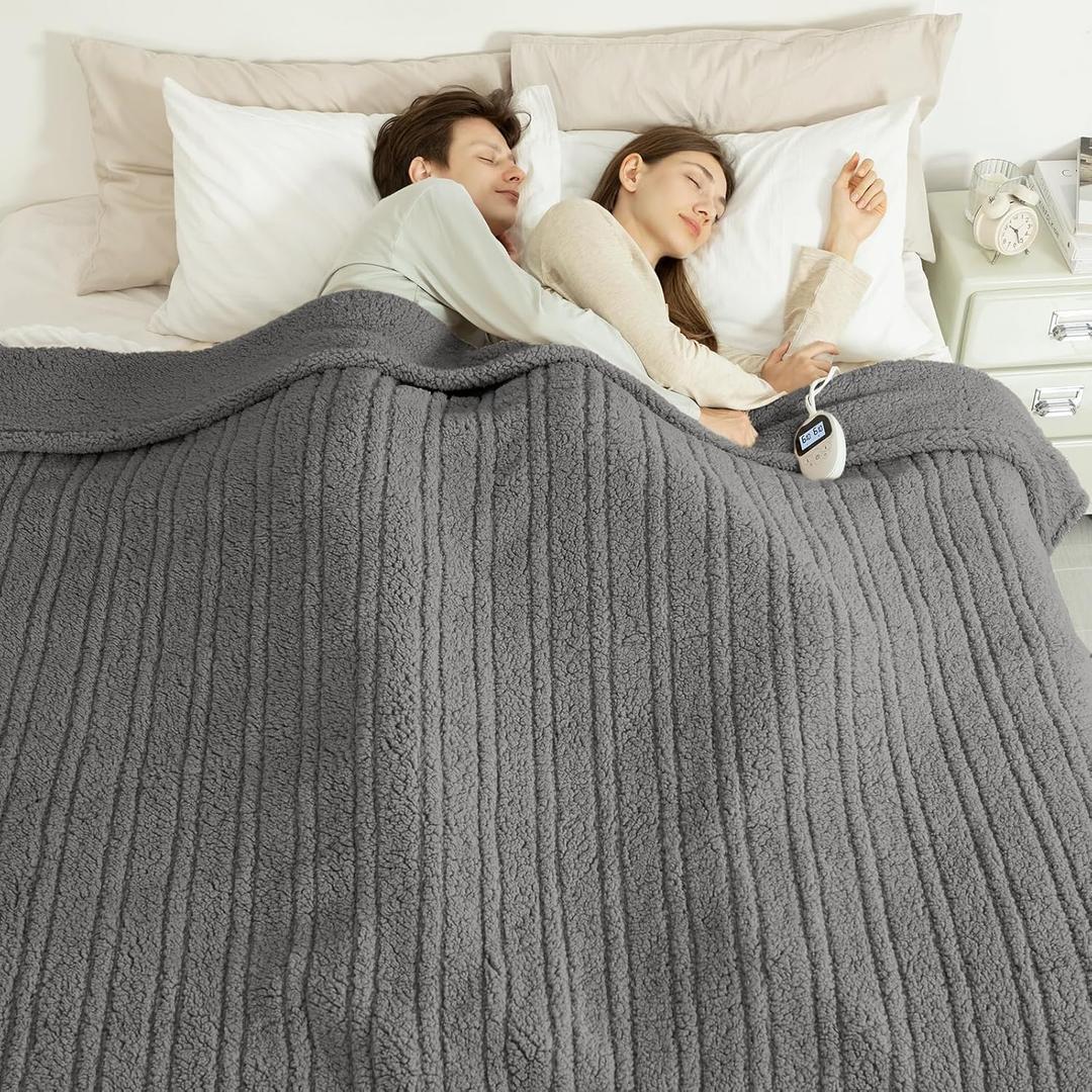 Queen Size Heated Blanket Single Control - 84"X90" Soft Double Sided Sherpa Electric Blanket with 6 Fast Heating Levels & 10 hrs Timer Settings, Washable & ETL Certified for Bed, Grey