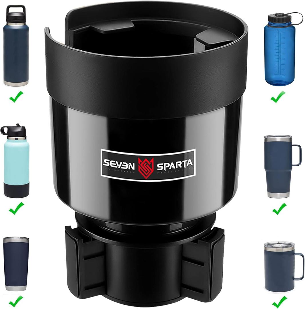 Seven Sparta Car Cup Holder Expander with Adjustable Base, Compatible with Hydro Flasks 32/40 Ounce, Compatible with Yeti Ramblers 20/26/30 Ounce, Other Bottles in 3.4"-3.8" (Black) (Medium*1)