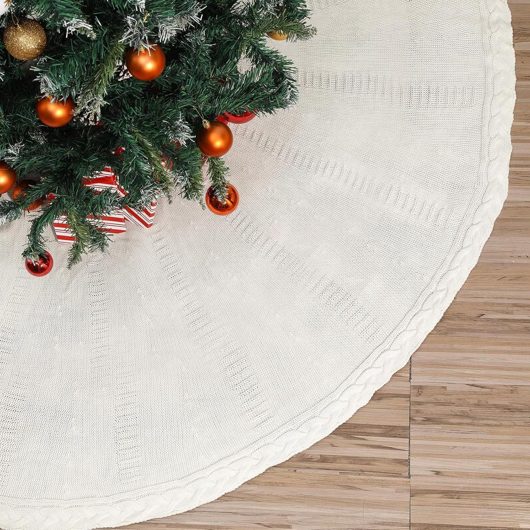 84 Inch Christmas Tree Skirt Extra Large White Vintage Chunky Xmas Knitted Tree Skirt Giant Braided Cable Knit Rustic Farmhouse Xmas Ornaments for Home Merry Christmas Holiday Winter Party Decorations