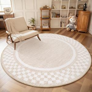 6ft Washable Round Rug for Entryway Modern Checkered Bedroom Circle Rug Non Slip Soft Dining Room Round Throw Carpet Large Stain Resistant Border Round Rugs for Living Room Kitchen Bathroom, Beige