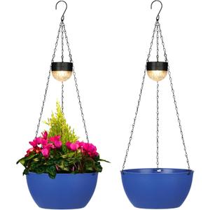 BAYN 2 Packs Solar Hanging Basket Planters for Plants Outdoor, Self Watering Blue Flower Plants Pots with Solar Light Drainer for Balcony Patio Garden Outdoor Decoration