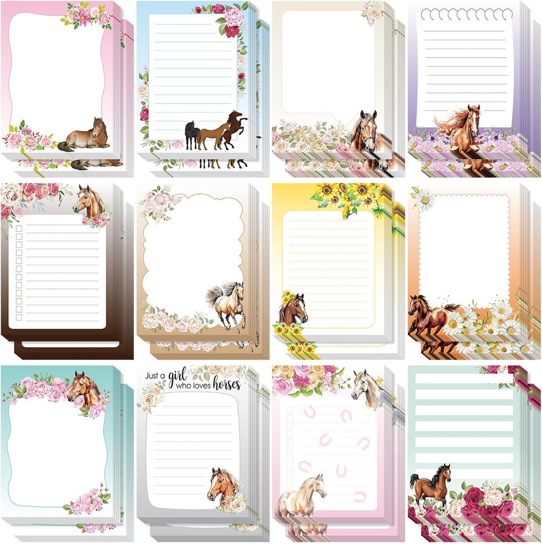 Gilprop 24 Pack Horse Sticky Notes Horse Lover Gifts for Women to Do List Notes 3x4 Inch Animal Writing Memo Pads Flower Animal Self Stick Memo Office Supplies for Teacher Reminder Journal