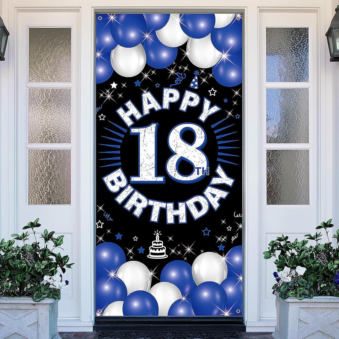 PHXEY Happy 18th Birthday Decorations for Boys & Girls, Blue Fabric Banner Backdrop for 18 Year Old Birthday Party, Perfect Photo Backdrop, Yard Sign, Cake Table Decor, Door or Entrance Sign