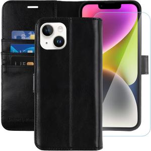 MONASAY Wallet Case Compatible for iPhone 13 mini, [Glass Screen Protector Included] [RFID Blocking] Flip Folio Leather Cell Phone Cover with Credit Card Holder, 5.4-inch, Black