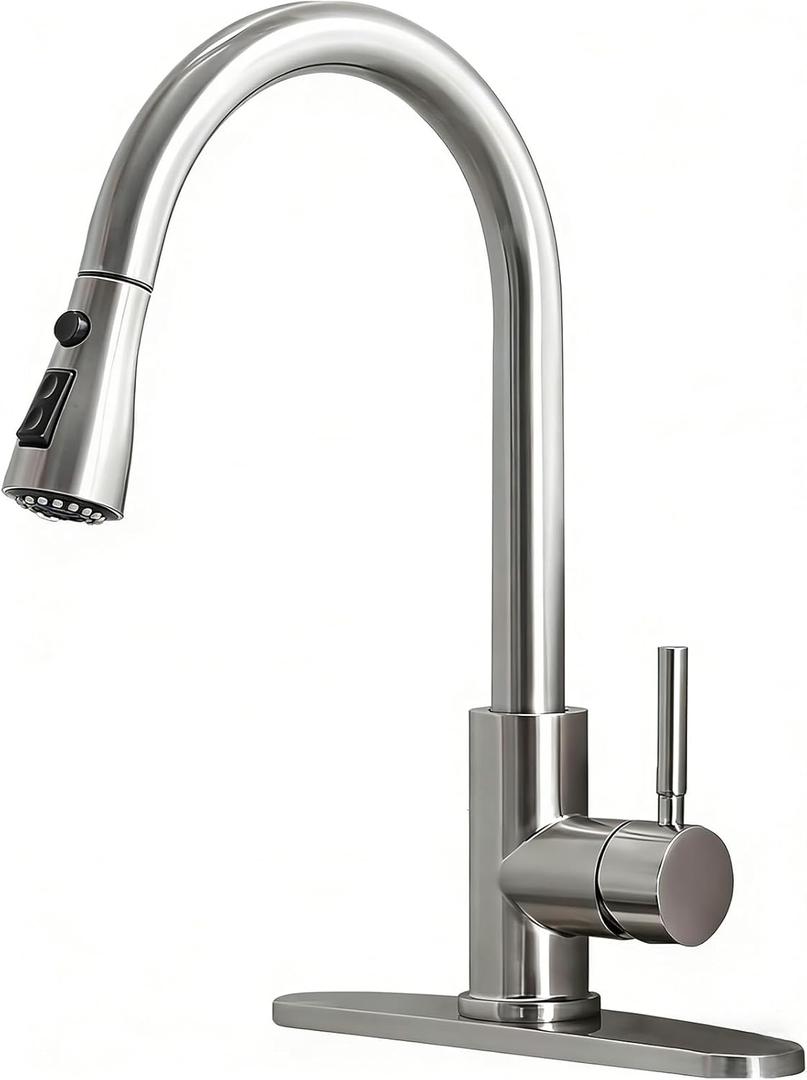Kitchen Faucet with Pull Down Sprayer, Brushed Nickel Stainless Steel Kitchen Sink Faucet, Single Handle 1 or 3 Hole Pull Out Sink Faucet for Bar Laundry RV Farmhouse, RC-KYT010L-D
