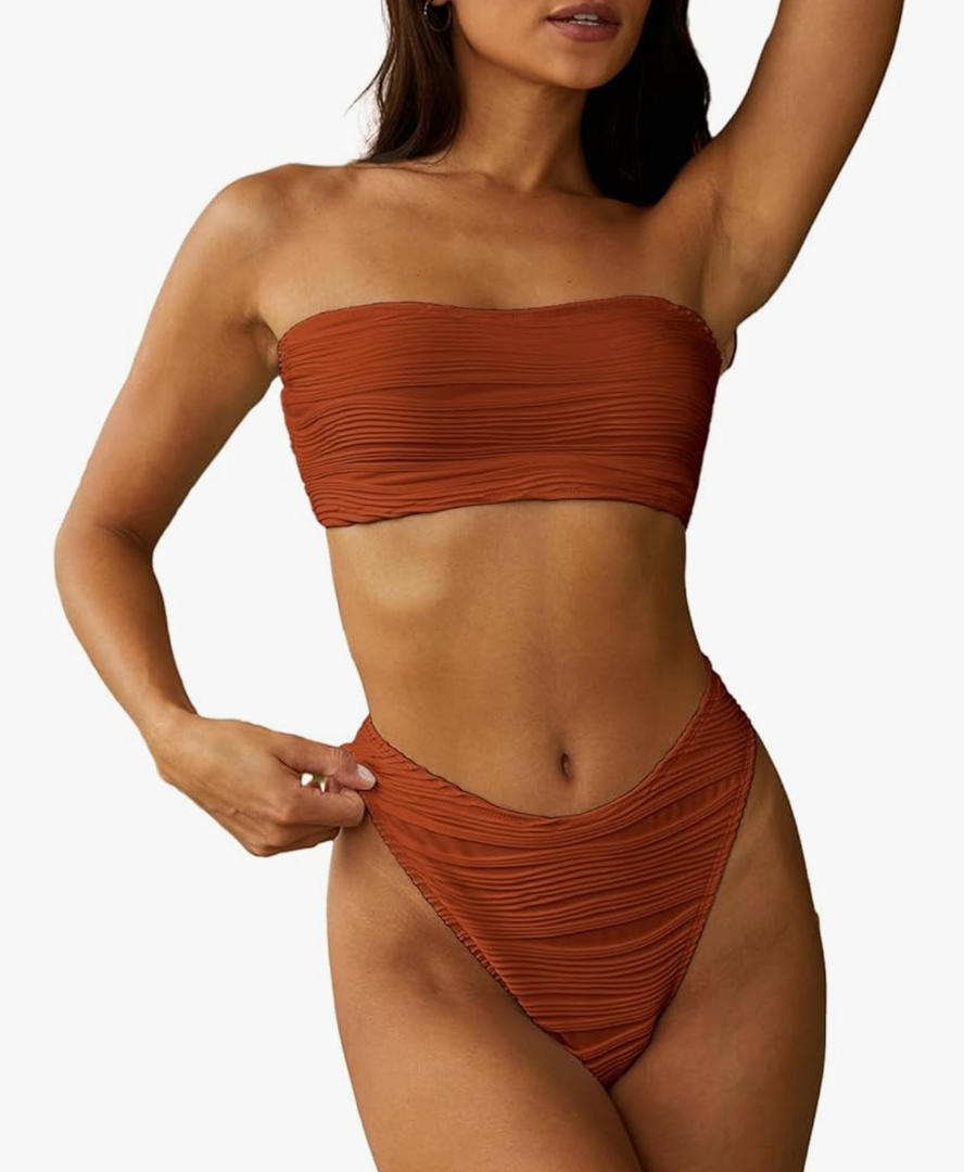 ZAFUL Women Strapless Textured Bandeau Bikini 2 Piece Swimwear Cheeky Solid Lace up Bathing Suits Size XL