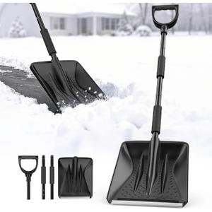 Snow Shovel, Snow Shovel for Driveway with Assist D-Handle and 11-Inch Blade, 42-Inch Adjustable Portable Survival Shovel for Driveway, Cars, Snowmobiles, Camping and Emergency (Black)