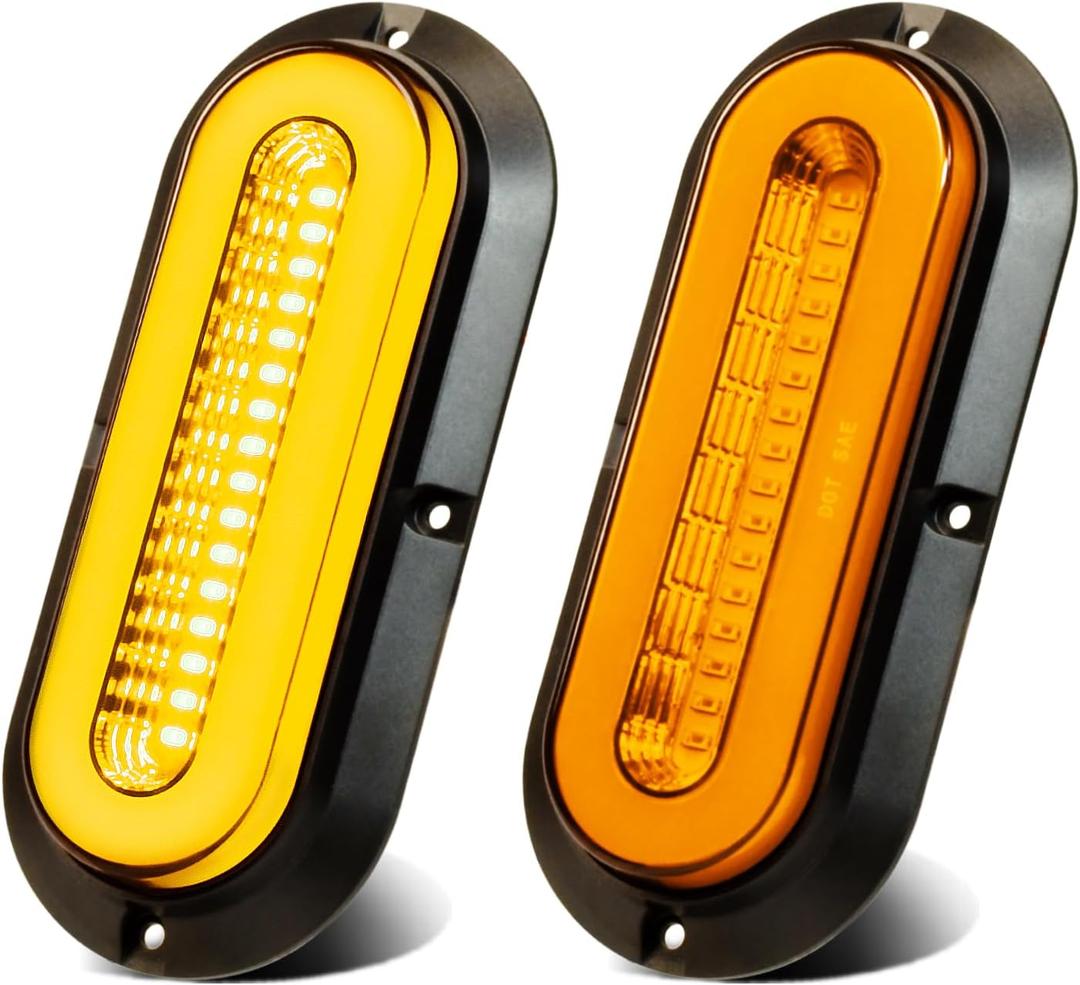 2Pcs 6" inch Oval Amber 52 LEDs Trailer Lights w/Flange Surface Mount Halo LED Parking Turn Signal Tail Marker Light Patented Sealed Submersible IP67 for Boat Truck/RV/Van, DC 12V