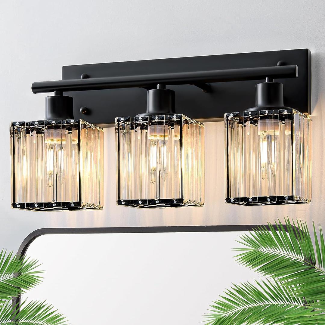 Bathroom Light, 3-Light Modern Crystal Vanity Light, Bathroom Lighting Fixtures Over Mirror Wall Sconces for Powder Room, Living Room, Bedroom, Hallway (Included 3 E26 Bulbs) (Black-Square)