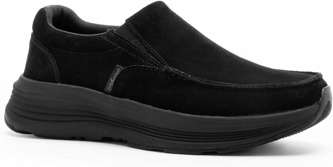 OrthoComfoot Men's Orthopedic Leather Dress Walking Shoes: Casual Arch Support Slip-On Loafers for Plantar Fasciitis, Comfortable Orthotic Shoes for Foot and Heel Pain Relief (Black)