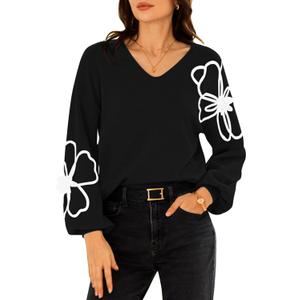 Pink Queen Women's Pullover Sweaters 2025 Knit Floral V Neck Tunic Pullover Long Sleeve Oversized Fall Casual Sweater (X-Large, Black)