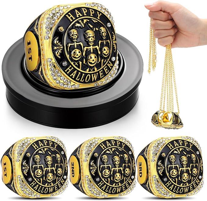 Highergo Halloween Skeleton Championship Trophy Rings - Costume Contest Prize Gift with Display Neck Chain & Bat Championship Ring Holder