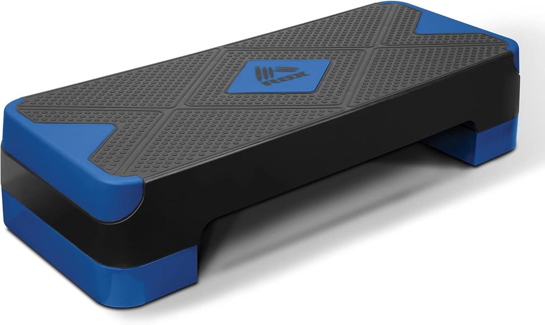 RBX Aerobic Step Platform with Non-Slip Textured Surface -2-Level Adjustable Steppers for Exercise, Compact, Lightweight, Easy-to-Store Exercise Step & Fitness Step Bench (Black/Blue)