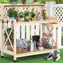 YITAHOME Outdoor Garden Workstation Table with Drawer, Potting Bench Table w/Exposed Rack, Hanger, PVC Water-Resistant Mat, Natural