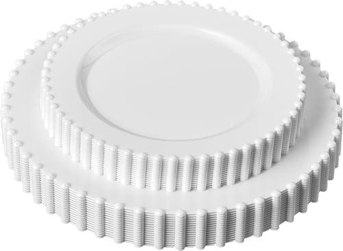 PLASTICPRO 64 Piece Combo Plastic Dinner Plates Disposable Plastic Fancy Heavy Duty Party Dishes 7 inch and 10 inch, White Beaded