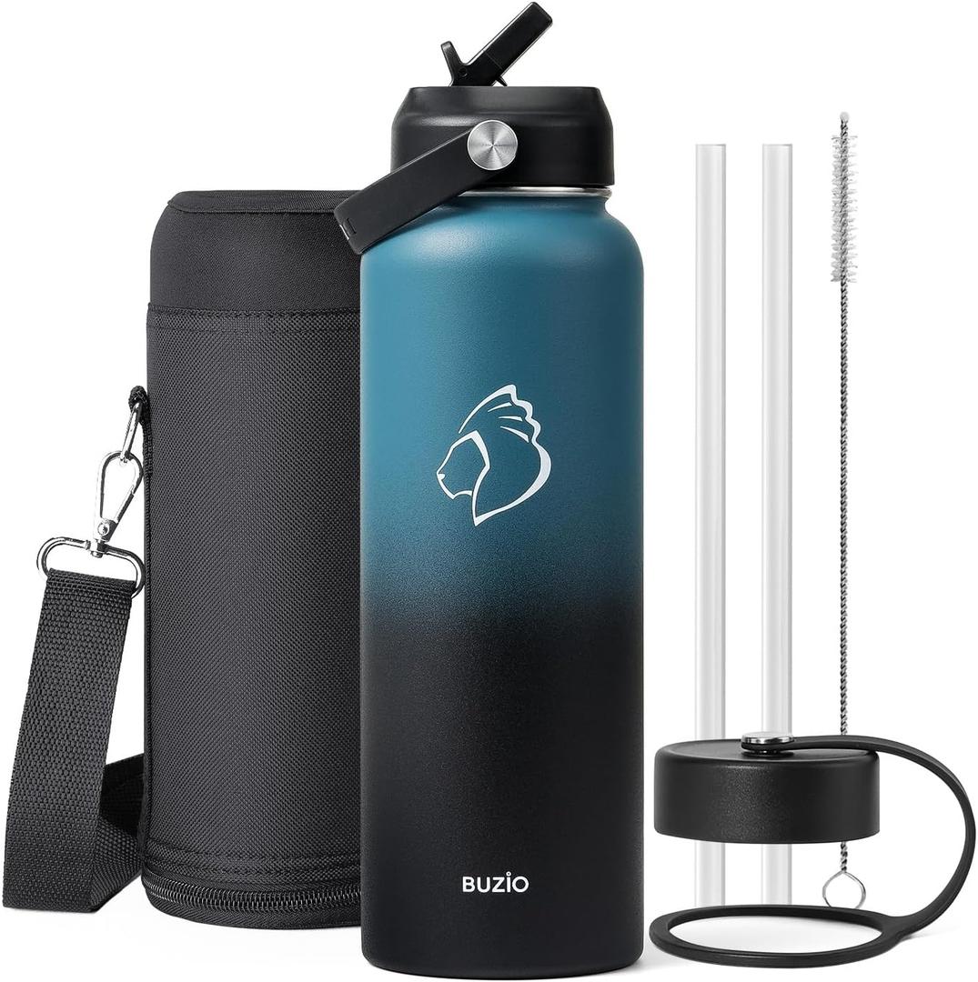 BUZIO Water Bottle with Straw Lid and Flex Cap, 40oz Double Vacuum Stainless Steel Water Flask, Cold for 48 Hrs Hot for 24 Hrs Simple Thermo Canteen Mug, Indigo Black
