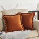GIGIZAZA Burnt Orange Decorative Throw Pillow Covers, 18x18 Velvet Ruffle Cushion Pillow Covers for Sofa Couch Set of 2, Burnt Orange 