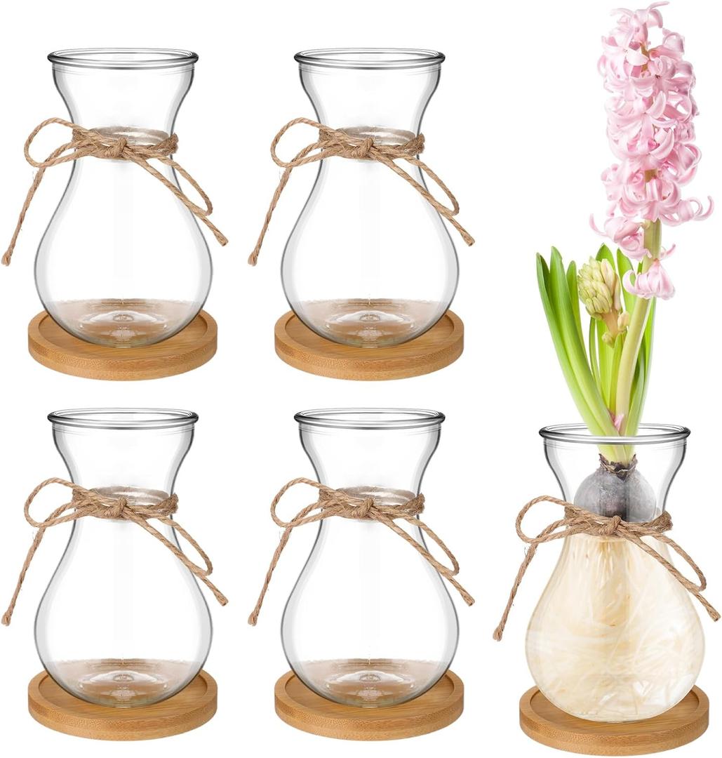 Bulb Glass Vases for Flowers Forcing Hyacinth Clear Decorative Bulb Vase with Round Bamboo Coaster for Home Office Table Decoration(4 Pcs)
