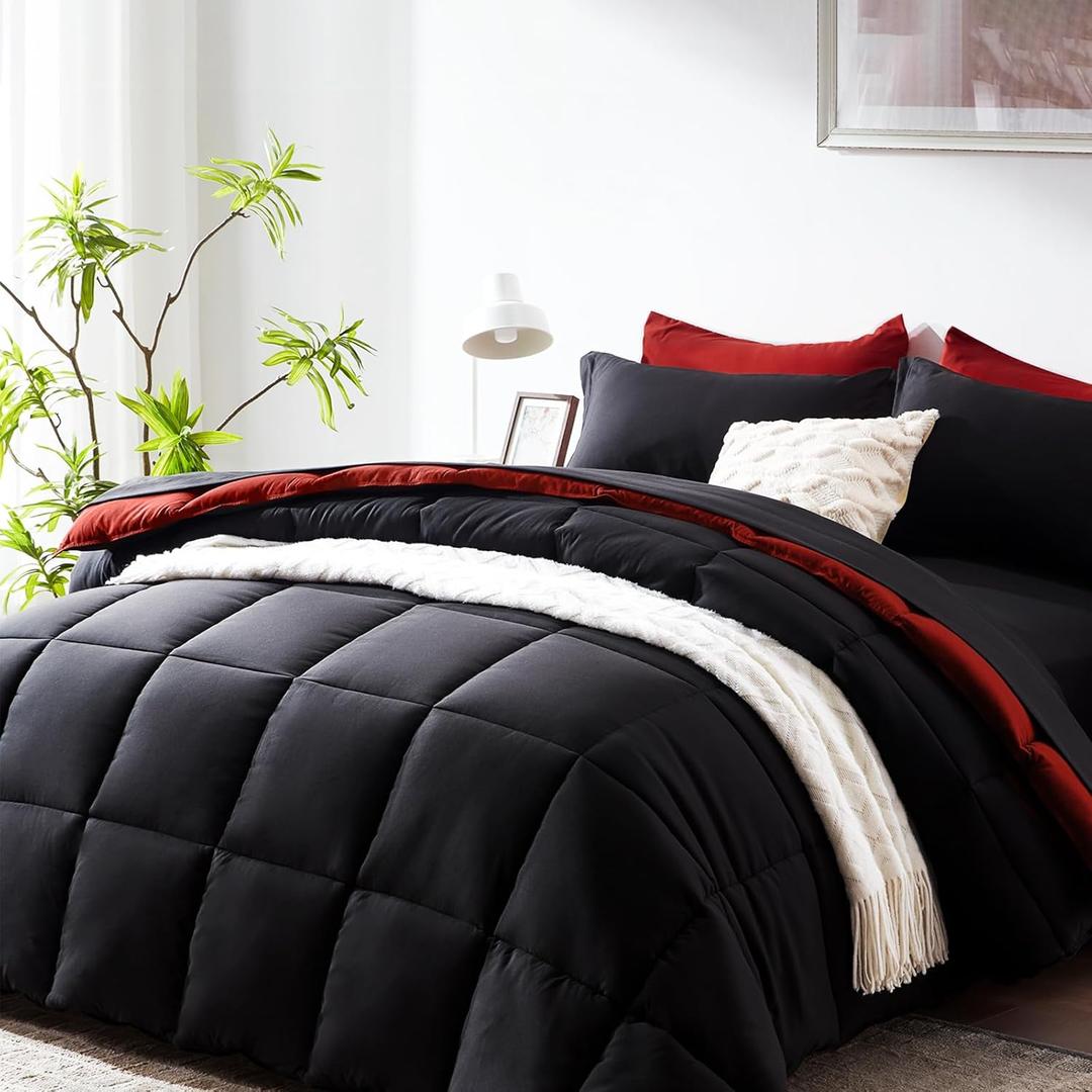 COZYART Full Comforter Set 7 Pcs, Black and Red Bed in a Bag, All Season Lightweight Soft Reversible Bedding Sets, 1 Comforter, 1 Flat Sheet, 1 Fitted Sheet, 2 Pillow Shams, 2 Pillowcases