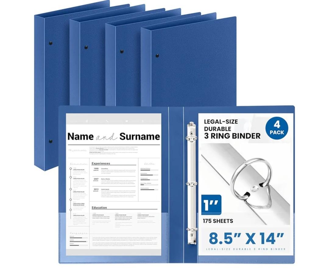 Henoyso 4 Pcs Legal Size Binder 3 Ring 1 Durable Navy Blue Binders for 8.5 x 14 Paper Hold up to 175 Sheets for Documents Artwork Blueprints, Office, Home, Work Places