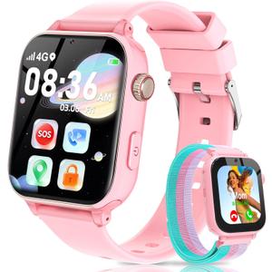 4G Kids Smart Watch with GPS Tracker, Video Call & Texting, Smart Watch for Kids with SIM Card, SOS, School Mode, HD Camera, Pedometer, Kid Watch Gift for Boys Girls Age 4-12, Pink