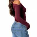 SOLY HUX Women's Off The Shoulder T Shirt Long Sleeve Asymmetrical Neck Ruched Fitted Tee Going Out Tops Pure Burgundy X-Small (XS)