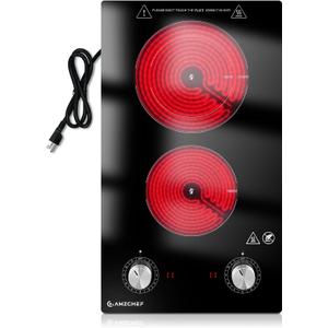 AMZCHEF 12Inch 2 Burner Electric Cooktop, 1800W/11Levels 2 Burners Stove Top With Knob Control Countertop & Built-in Radiant Electric Stove with Residual Heat Indicator