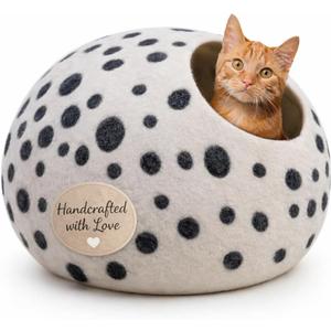 Luxurious Merino Wool Cat Cave - Foldable Hideaway Pod for Indoor Cats - Premium Felt Kitten Pet Enclosure - Covered Cat House for Ultimate Cozy Comfort by Woolygon (White Polka)