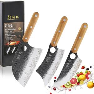 3PCS Butcher Knife Set, 7" Butcher Meat Cleaver, 7" Serbian Chef Knife and 6.5" Viking Knife, Hand Forged Butcher Knife with Wooden Handle, Ideal for Home, Camping, BBQ (Unique Pattern)