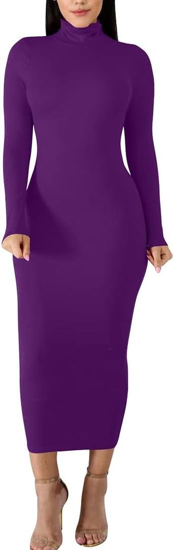 BORIFLORS Women's Sexy Basic Long Sleeve Turtleneck Bodycon Party Long Pencil Dress (Medium, Dark Purple)