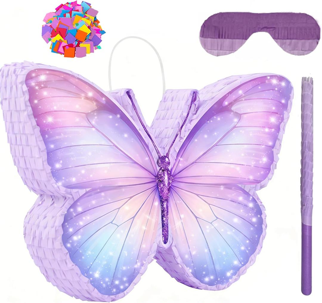 Butterfly Piñata - Purple Butterfly Piñata with Stick, Blindfold and Confetti for Butterfly Themed Birthday Party Game Supplies Decorations (16”x12”x3”)