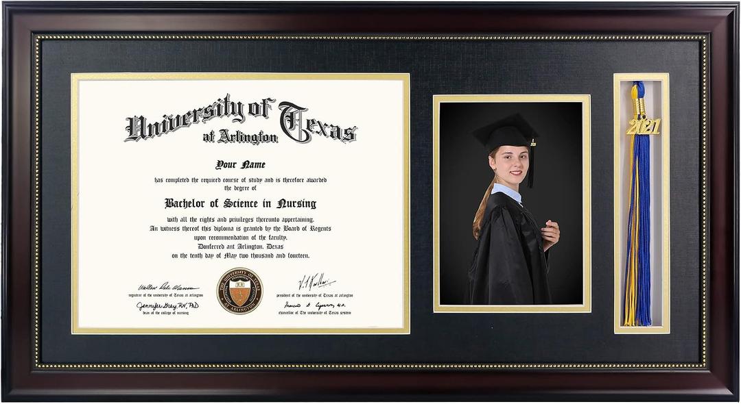 GraduationMall 11x22 Mahogany Diploma Frame with Tassel Holder and Picture for 8.5x11 Certificate 5x7 Photo,Real Glass,Black over Gold Mat