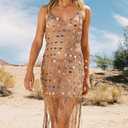 Nasty Gal Hand Embellished Disc Beaded Tassel Beach Dress (M, Beige)
