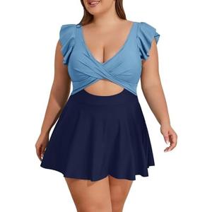 B2prity Women's Plus Size Swimsuit Tummy Control One Piece Swimdress Ruffle V Neck Cutout Wrap Bathing Suit with Skirt Size 20W, Blue Color Block 