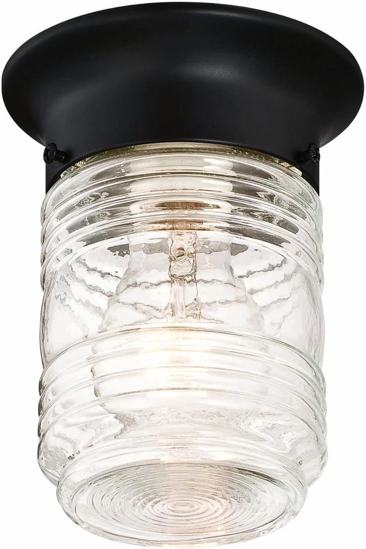 Design House Jelly Jar Indoor Outdoor Flush Mount Ceiling Light, Matte Black, 5.9 in H x 4.8 in Dia, Damp Rated, Dimmable, Uses 1 E26 Bulb, Ribbed Clear Glass, Weather-Resistant Steel, 587220