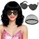 PLULON Black Wavy Bob Wig with Heart Sunglasses for Women, Colored Short Bob Shoulder Length Curly Wigs with Bangs Daily Hairpieces for Girls Everyday Hairstyle Photography Birthday Sisters Gathering