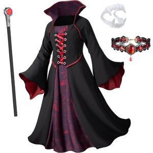 Vampire Costume Set for Girls Halloween Dress Up with Vampires Props (Fangs, Wand, Choker) 3-12 Years (4-5 Years, Black & Red)