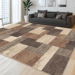 Modern Geometric Patchwork Indoor Area Rug for Living Room, Beige 6'x 9' Large Rug Rockwood Collection Hardwood Floors Decor for Bedroom, Beige Throw Carpet for Office Entryway Dining Room