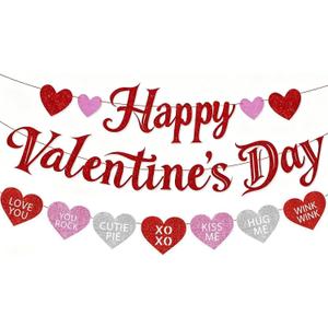 Pre-Strung Happy Valentine's Day Banner, Glitter Valentines Day Sign Decorations with XOXO Love You Heart Garland for Indoor Home Wall Wedding Engagement Anniversary Party Photo Backdrop Decor Favor, 3 Pack