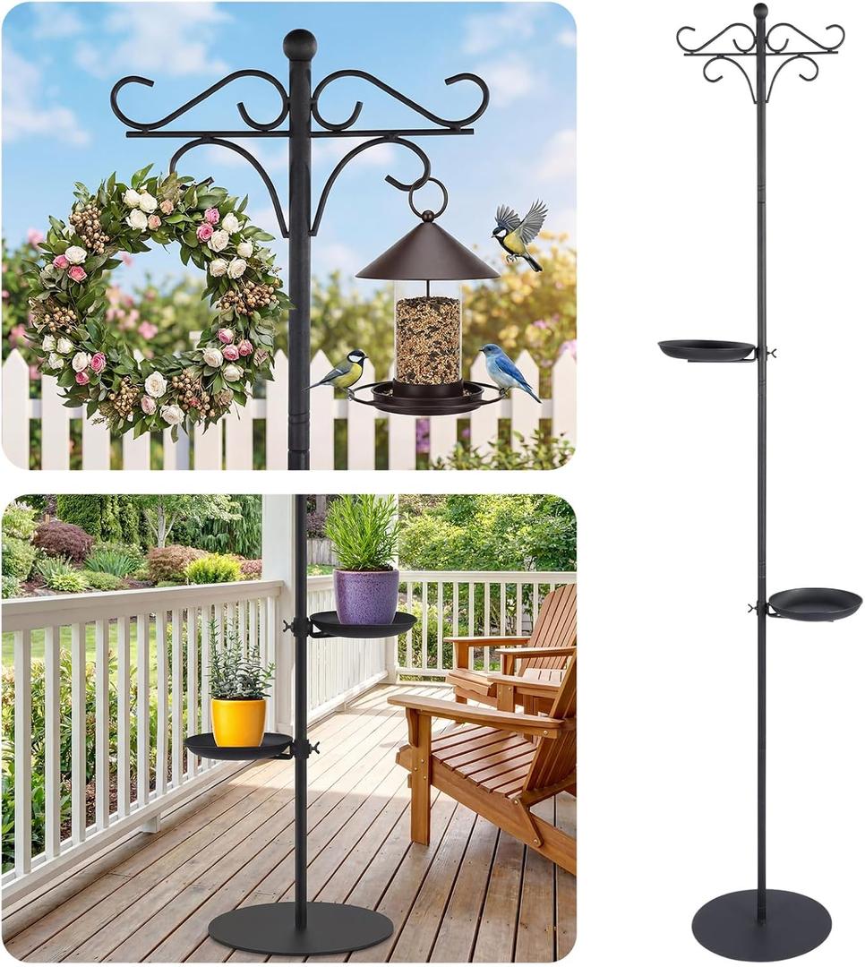 1 Set Upgraded 75.9" Shepherds Hook for Bird Feeder, Hanging Plant Wind Chime Stand, Metal Adjustable Standing Pole Holder for Indoor Outdoor, with 2 Rack & Weight Bag (Retro 2 Hooks)