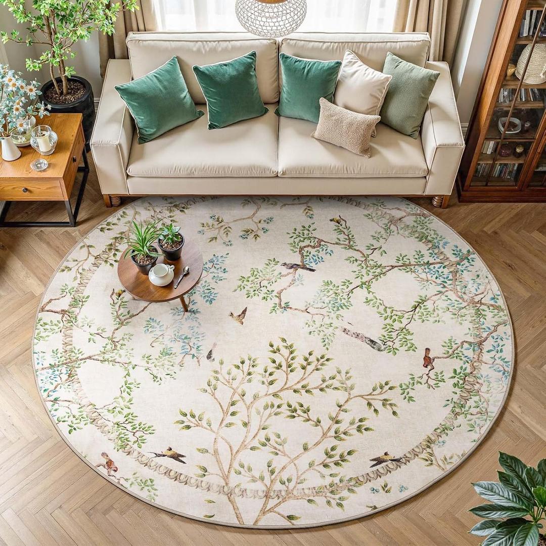 jinchan Round Rugs 7ft Ivory Botanical Birds Print,Machine Washable 7' Circle Nature Plants Modern Soft Non-Slip Kids Throw Area Rugs,Ultra-Thin Low Pile Carpet for Living Room Bedroom Dining Room
