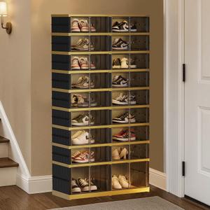 SYNCVIBE Foldable Shoe Rack Organizer - 9 Tiers 36 Pairs Shoe Shelf with Doors, Large Collapsible Shoe Cabinet, Folding Plastic Storage Boxes, Easy Assembly Shoe Storage Bins for Entryway, Black Gold