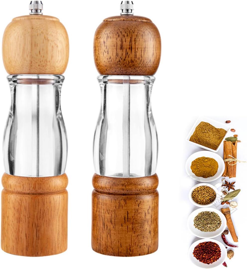 Oak Wood Salt and Pepper Grinder Set, Manual Mill with Clear Window, Adjustable Ceramic Core, 8 Inch, 2 Pack