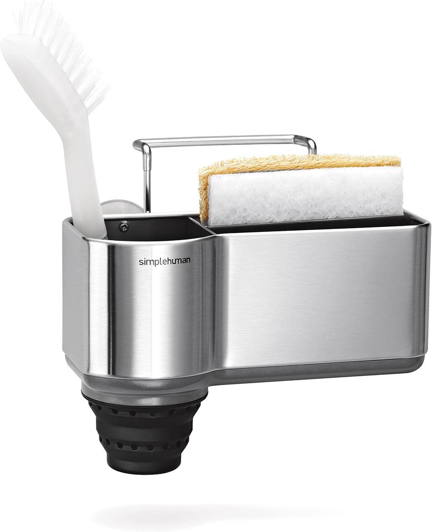 simplehuman Sink Caddy, Sponge Holder for Kitchen Sink with Compartment Dividers, 4 Suction Cups & Wire Ledge Hanger for Secure Mount, Vented Base for Fast Drying, Brushed Stainless Steel (7-1/8" x 4" x 4-3/4" h)