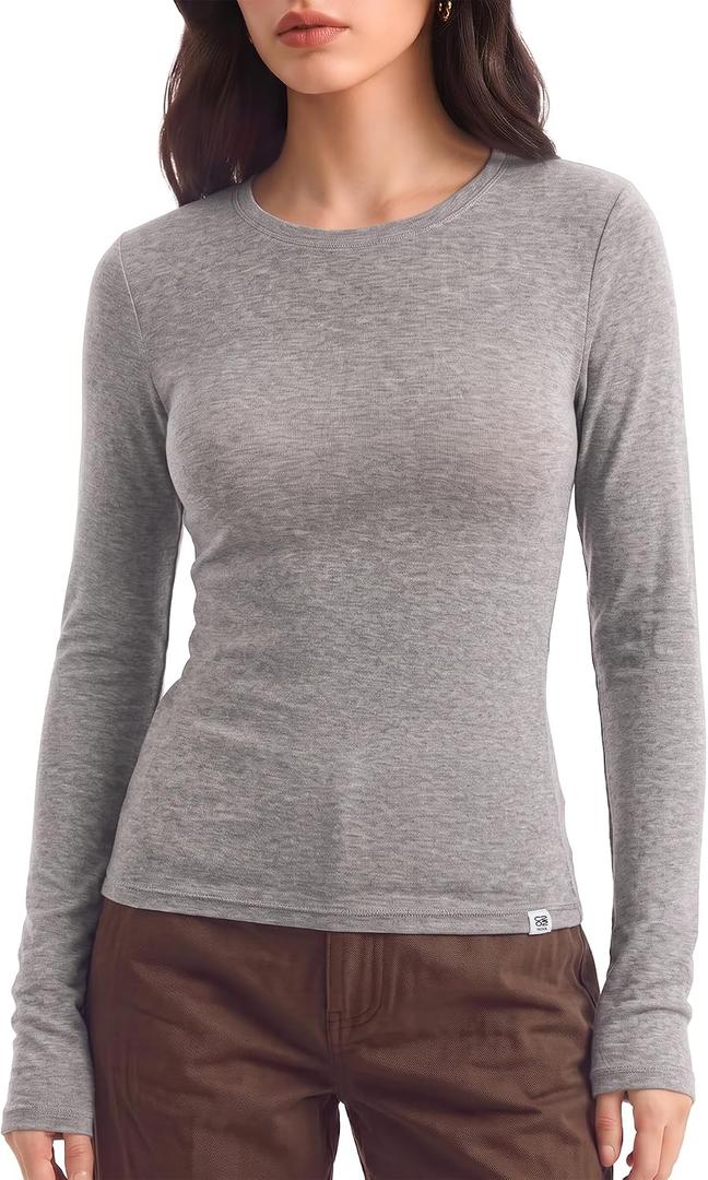 Women's Merino Wool Blend Shirts Long Sleeve Tops Crew Neck Fitted Basic Tee Cozy Embrace Collection (Gray, M)